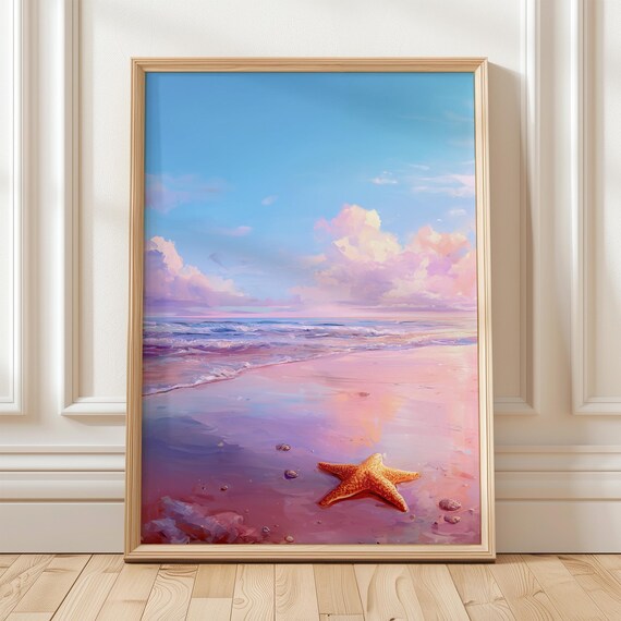 Starfish On Pink Beach Sunset Ocean Waves Coastal Painting Print