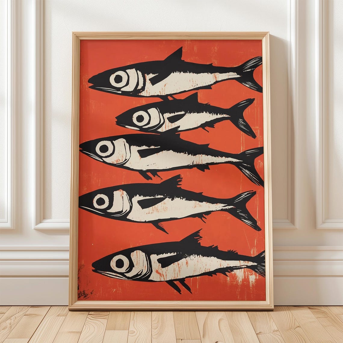Bold Sardine Artwork Modern Fish Wall Art Vibrant Red Poster Coastal Kitchen Decor Rustic Oceaninspired