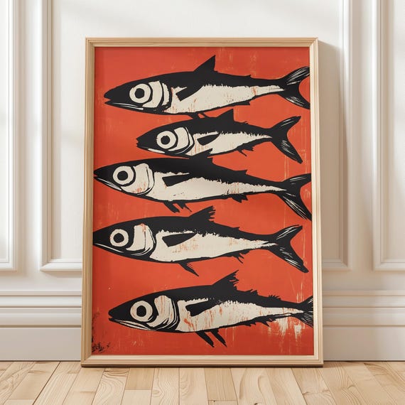 Bold Sardine Artwork Modern Fish Wall Art Vibrant Red Poster Coastal Kitchen Decor Rustic Oceaninspired