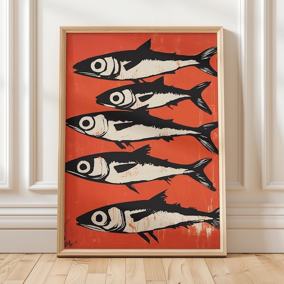 Five Bold Sardines Linocut Style Red Background Fish Art Poster