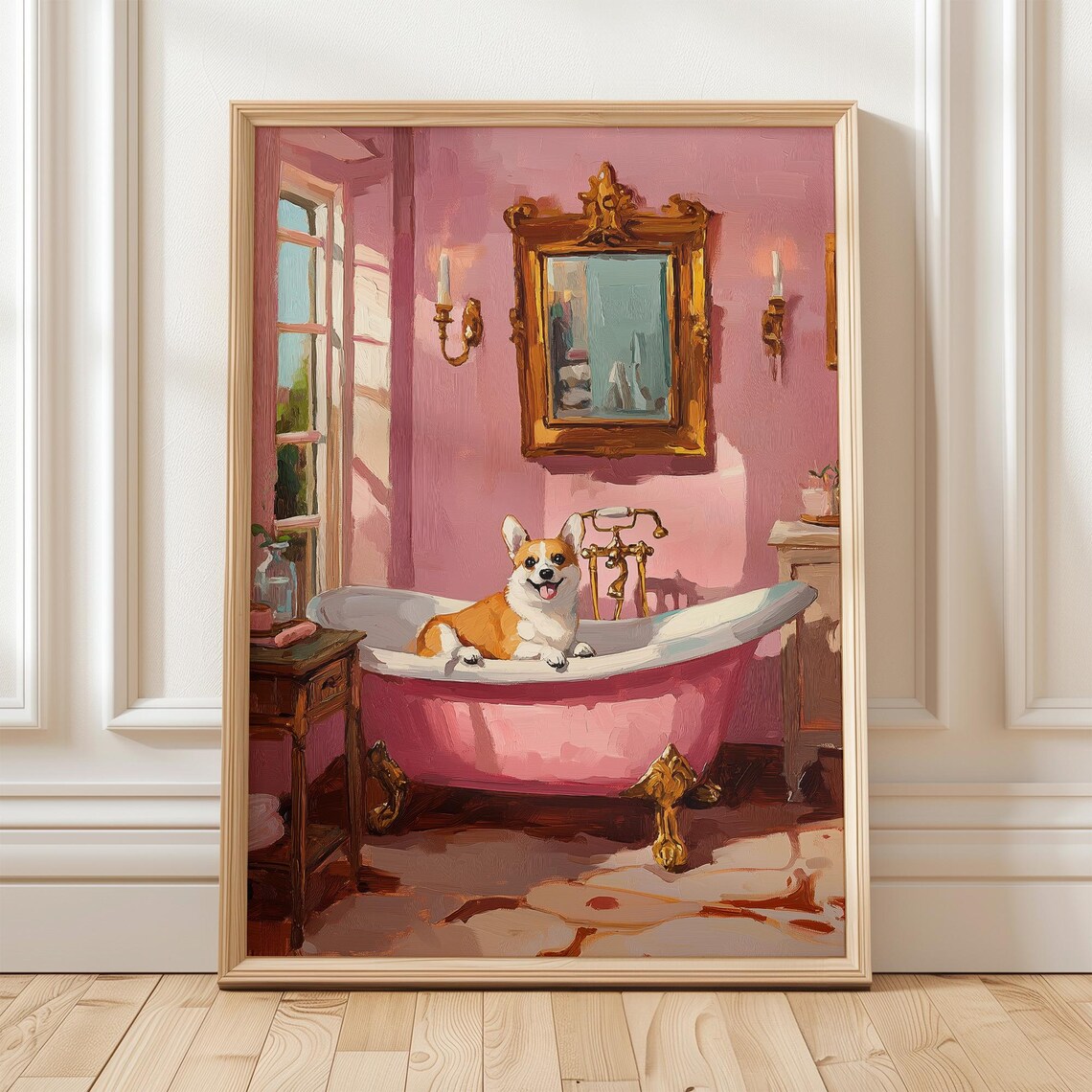 Corgi In Pink Bathtub, Cute Pet Portrait Illustration
