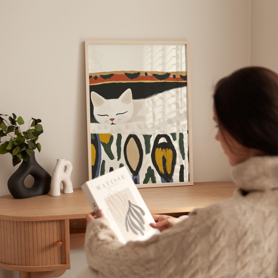 Minimalist Sleeping White Cat Patterned Wall Modern Art Poster - Image 3