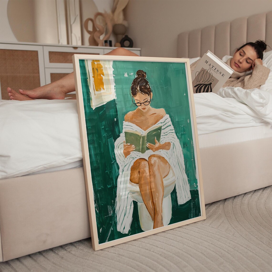 Relaxing Woman Reading, Minimalist Bathroom Art Print - Image 4
