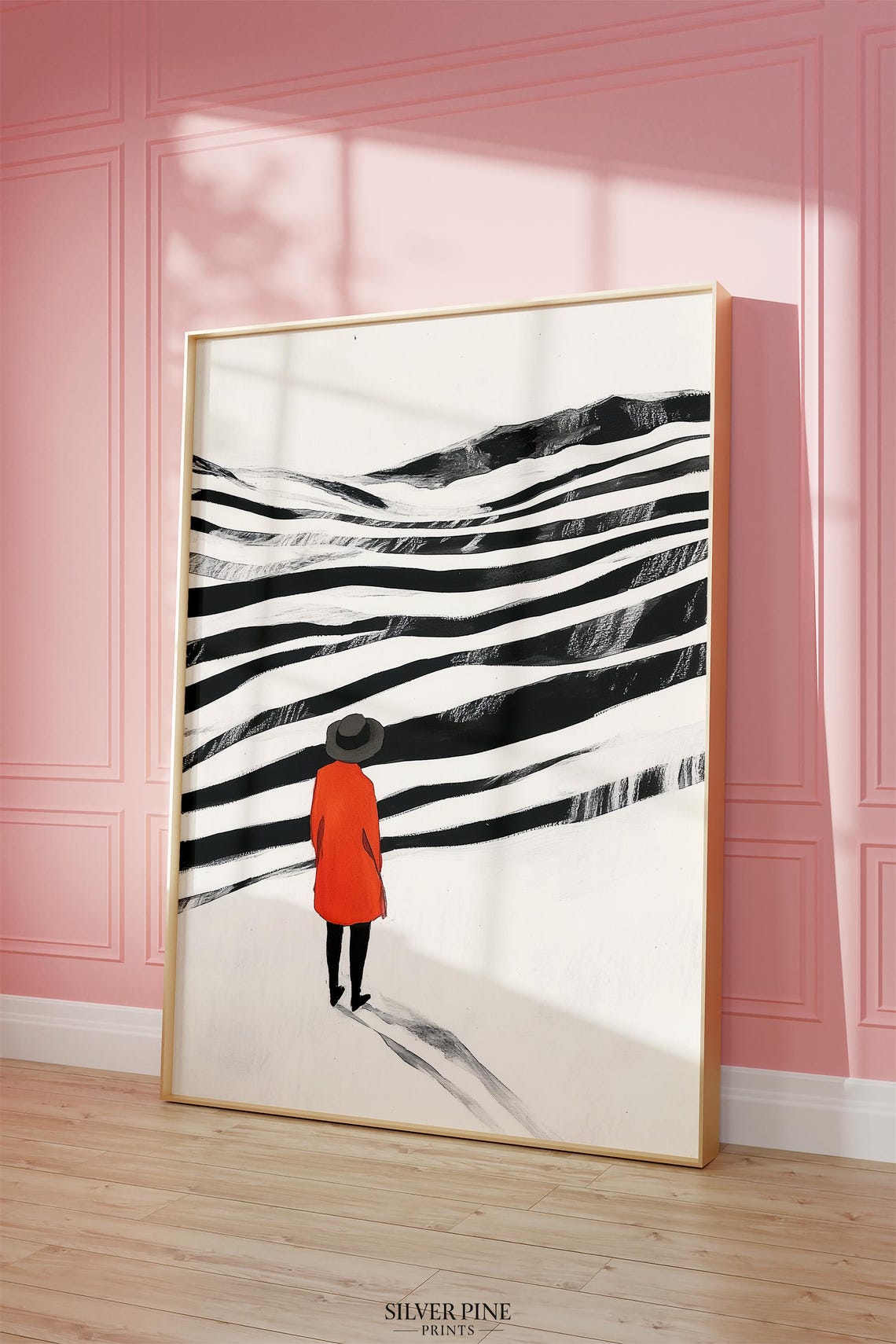 Minimalist Abstract Landscape Print Black And White Art Modern Wall Art Red Coat Artwork Mountain Art - Image 2