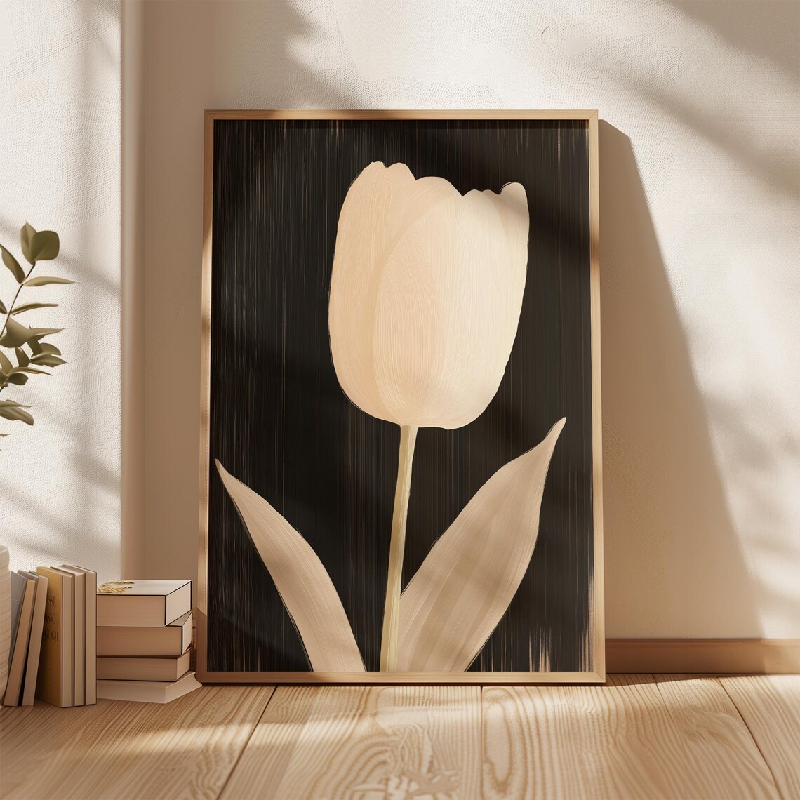 Minimalist Tulip Wall Art Neutral Flower Print Beige Botanical Illustration Modern Dark Background Poster Elegant Decor