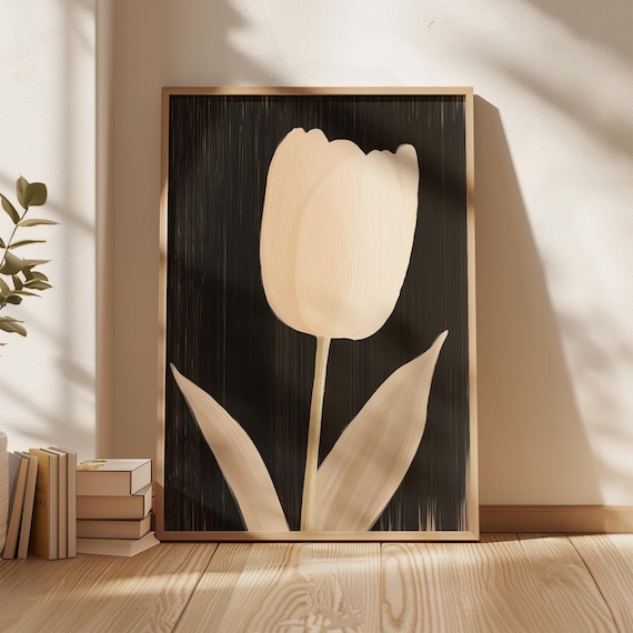 Cream Tulip on Black Minimalist Neutral Floral Botanical Art Poster
