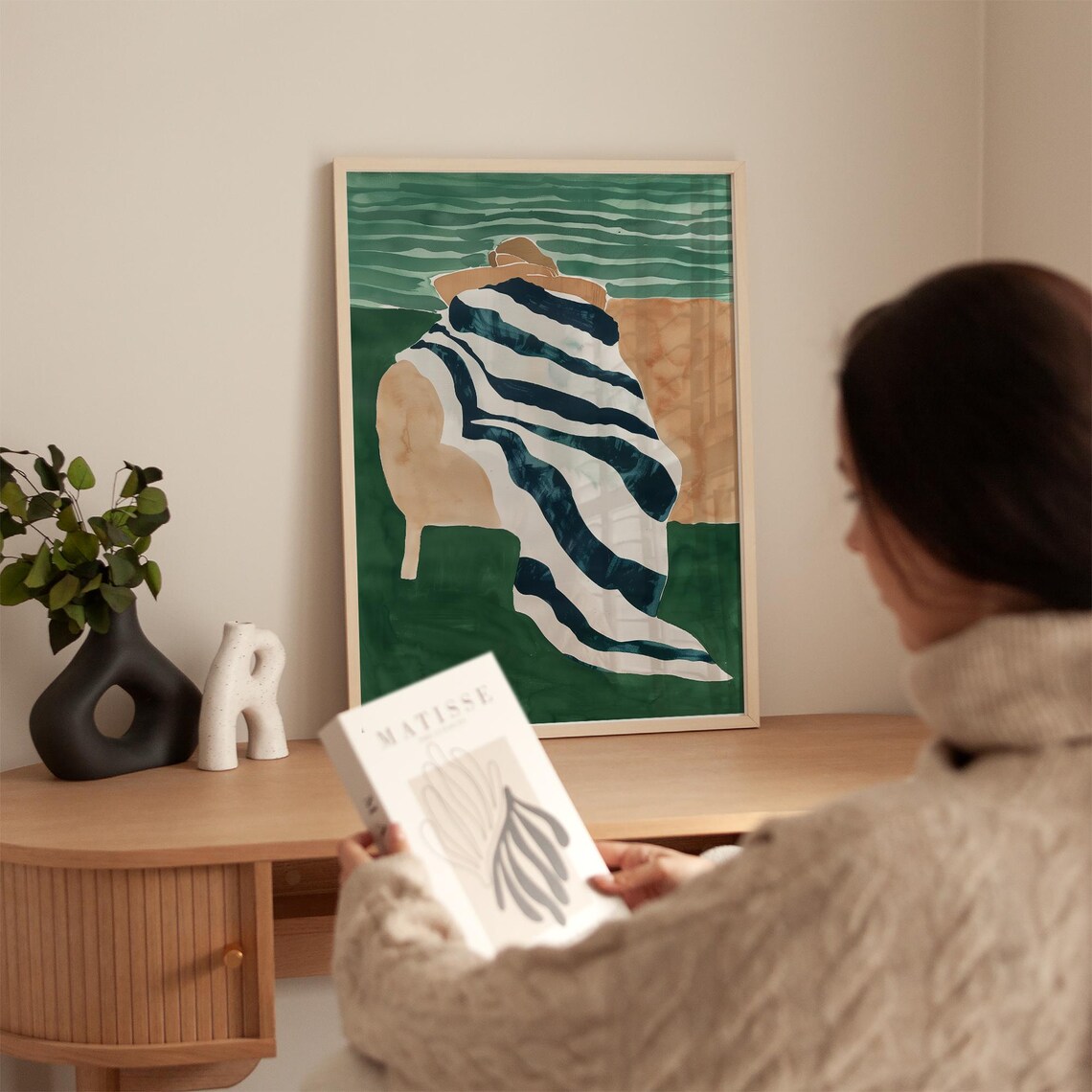 Relaxing Figure Draped in Striped Blanket Seaside Green Watercolor Poster - Image 4