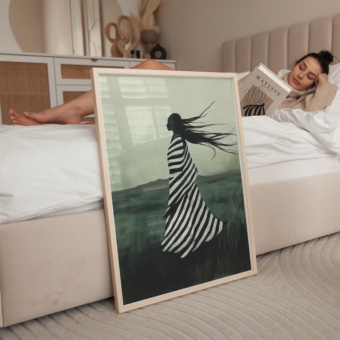 Silhouette Of Woman In Striped Dress Minimalist Abstract Wall Art Mystical Artwork For Modern Home Decor - Image 2