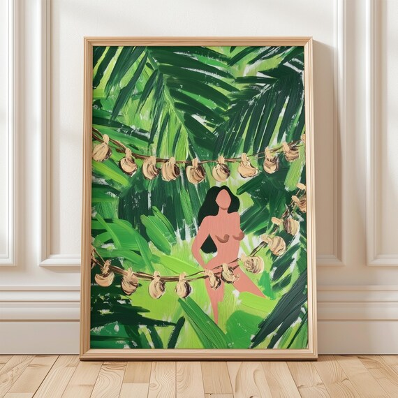 Tropical Jungle Woman Among Palm Leaves Lush Green Bohemian Art Poster