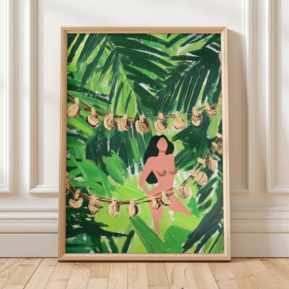Tropical Woman Art Print Jungle Wall Green Palm Leaves Illustration Boho Minimalist Decor