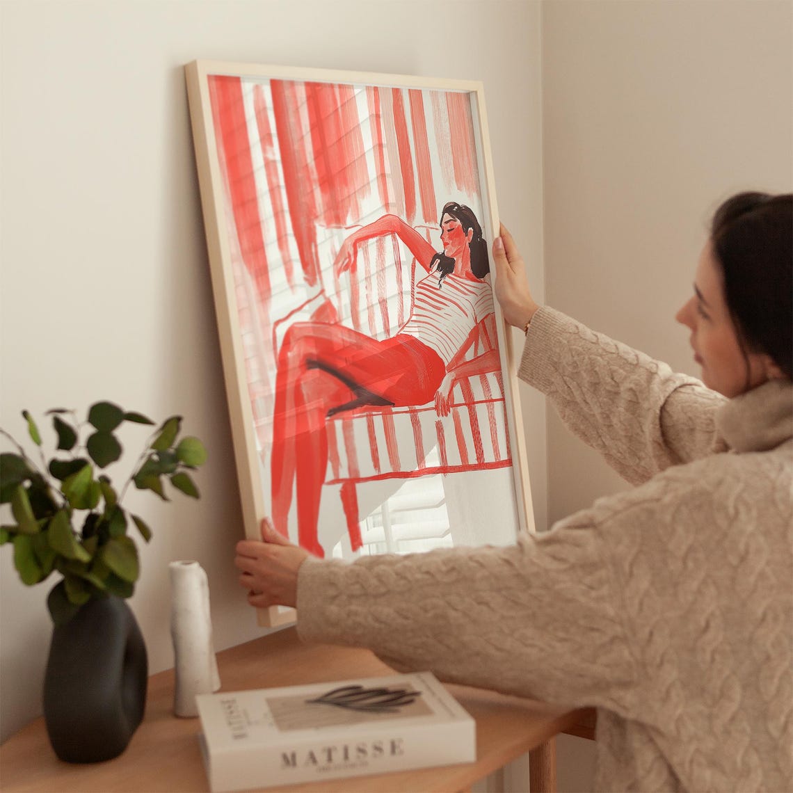 Relaxing Woman Wall Art Bold Red Abstract Print Modern Minimalist Home Decor Striped Couch Illustration - Image 2