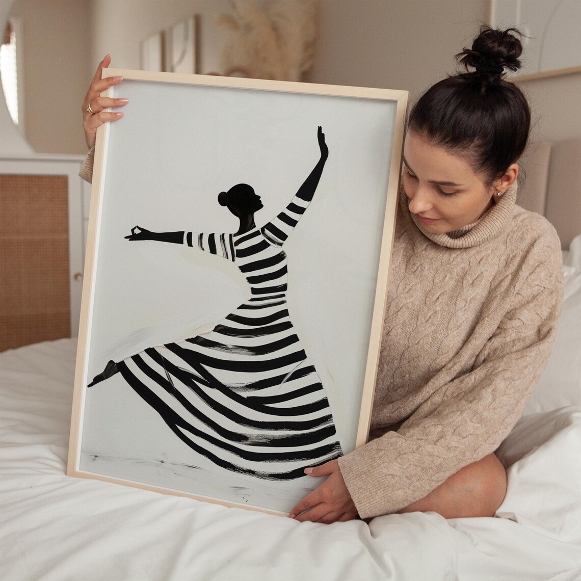 Monochrome Striped Dress Dancer Ink Silhouette Portrait Poster - Image 5