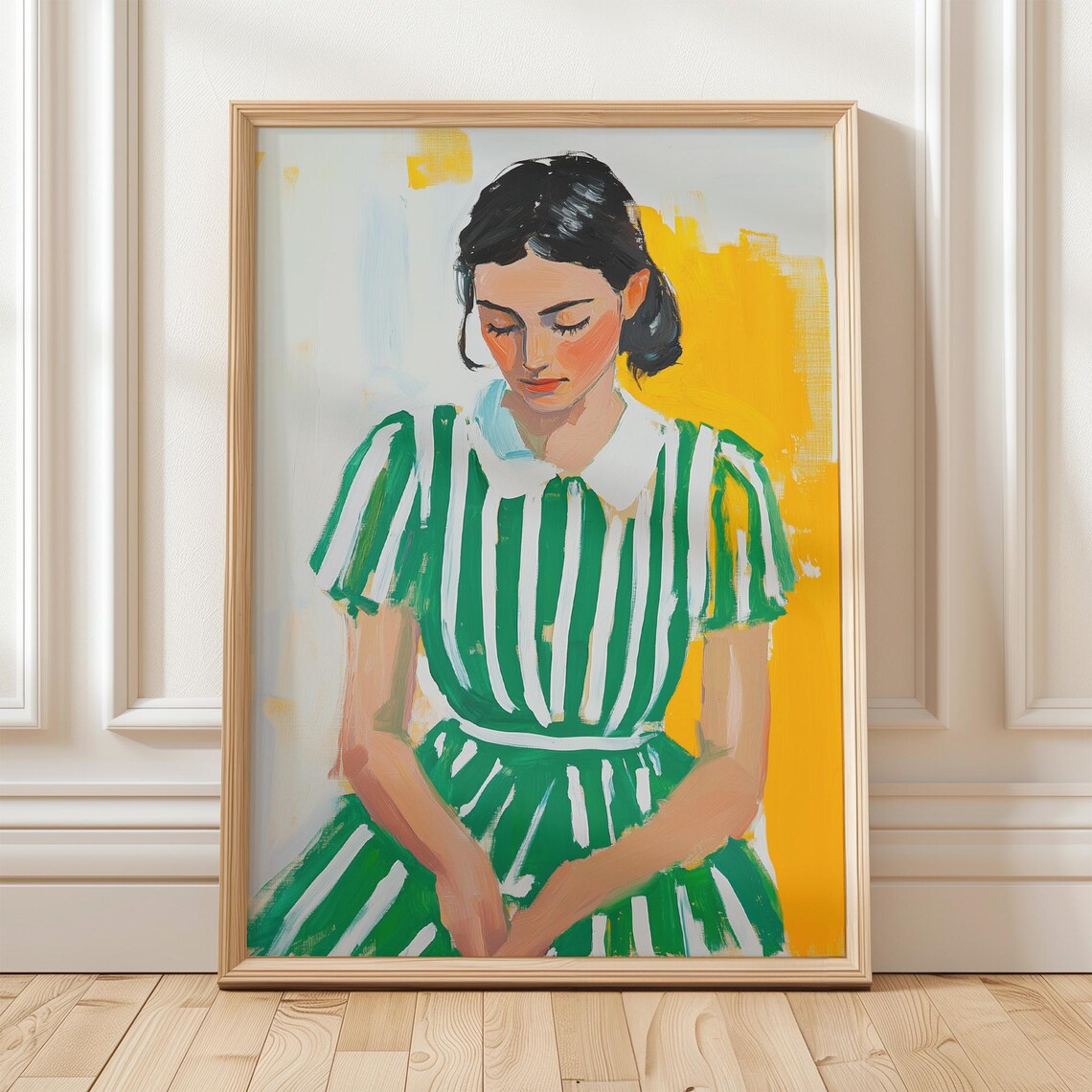Seated Woman in Green Striped Dress Yellow Background Poster