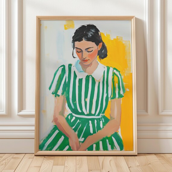 Seated Woman in Green Striped Dress Yellow Background Poster