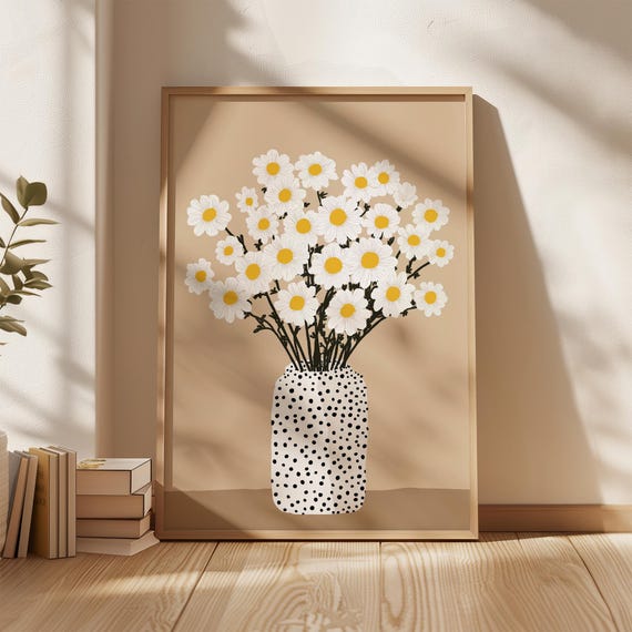 Minimal Daisy Art Print, Beige Floral Poster