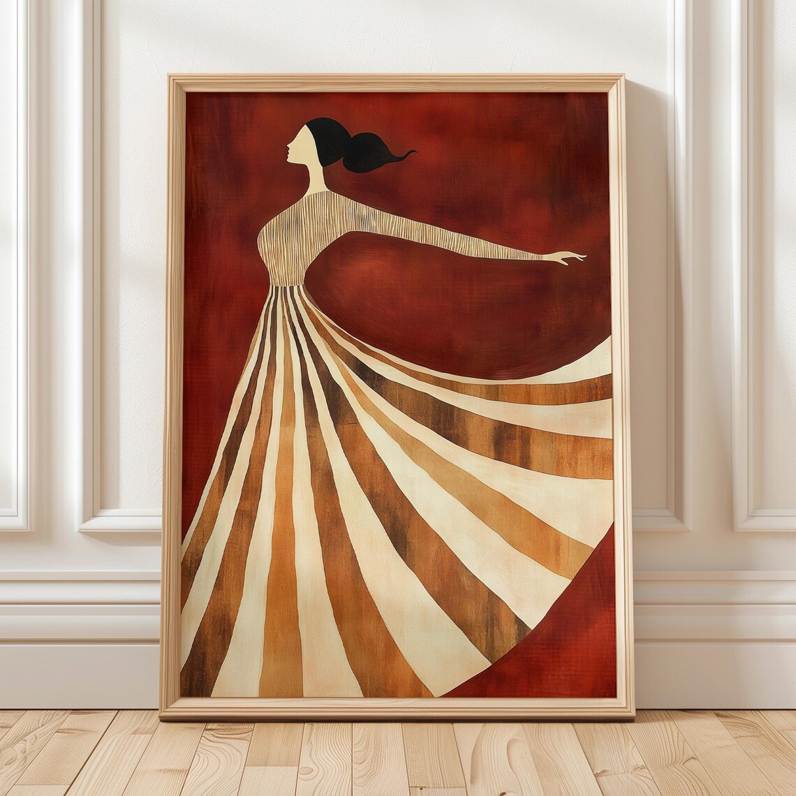 Spinning Dancer in Striped Gown Against Deep Red Backdrop Poster