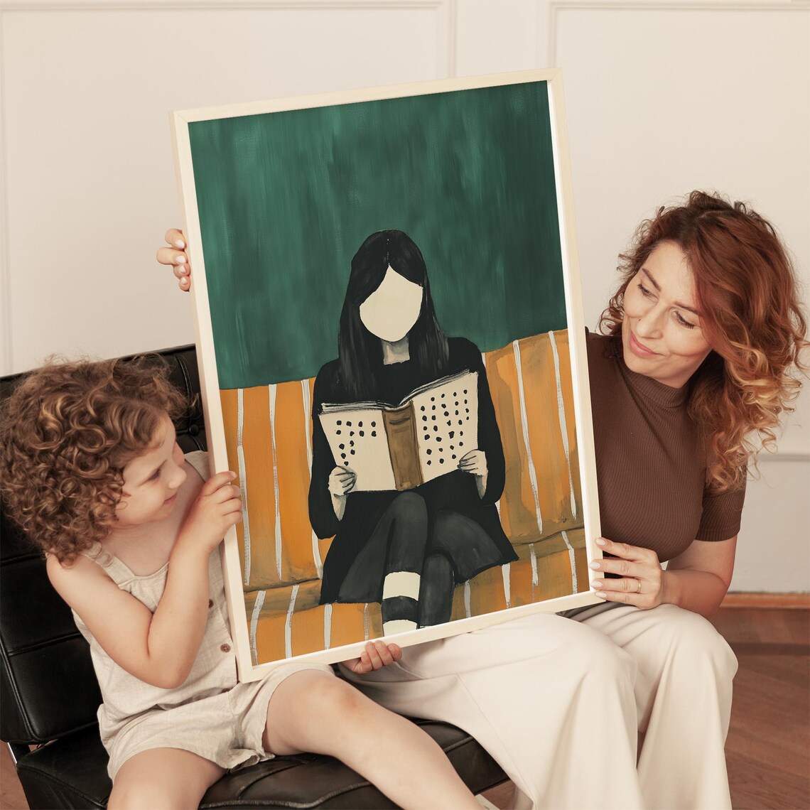 Faceless Woman Reading On Orange Striped Couch Green Art Poster - Image 2