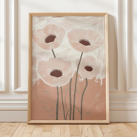 Blush Poppy Flowers Beige Textured Botanical Painting Poster