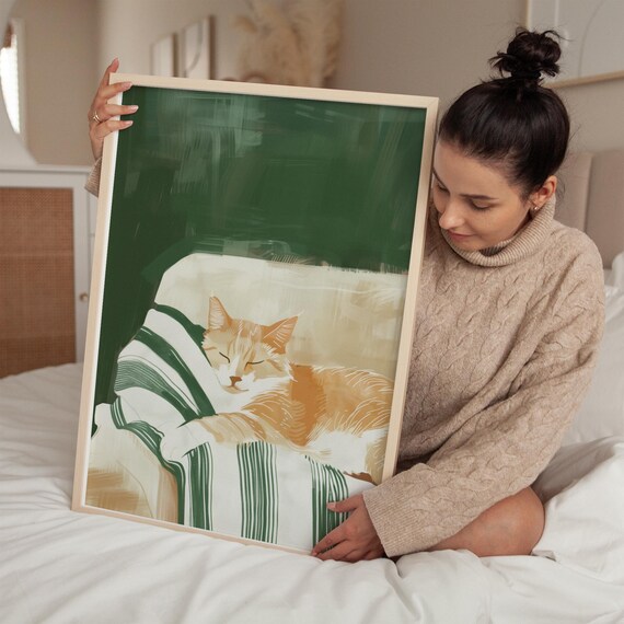 Orange Tabby Cat Sleeping On Striped Pillow Green Art Poster