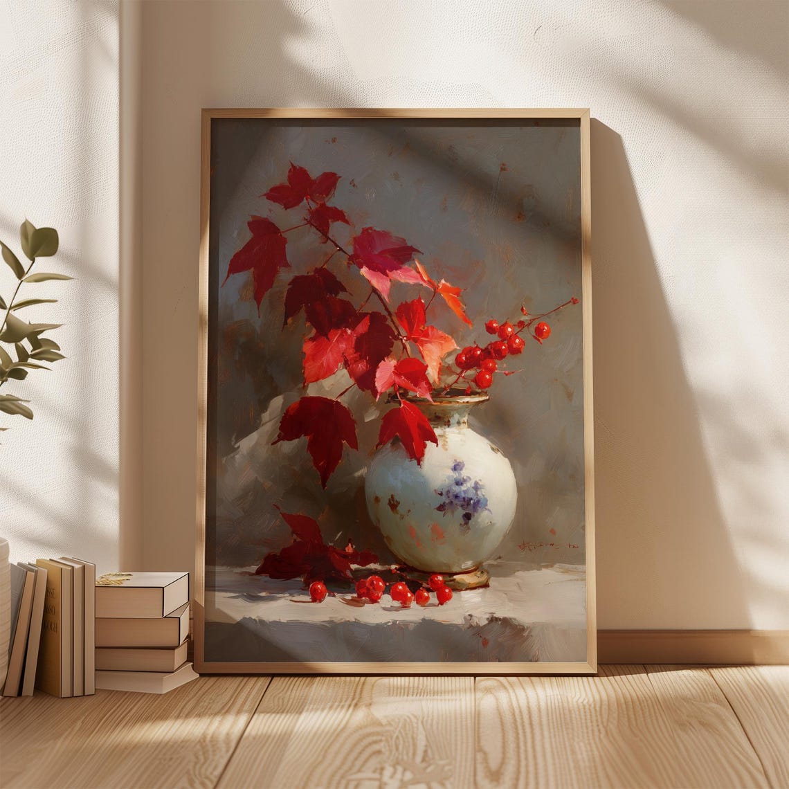 Red Autumn Leaves Berries Porcelain Vase Vintage Still Life Poster