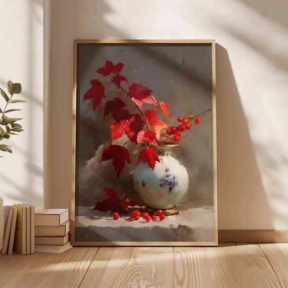 Autumn Red Leaves Still Life Wall Art Print Vintage Vase Fall Botanical Painting Rustic Seasonal Home Decor