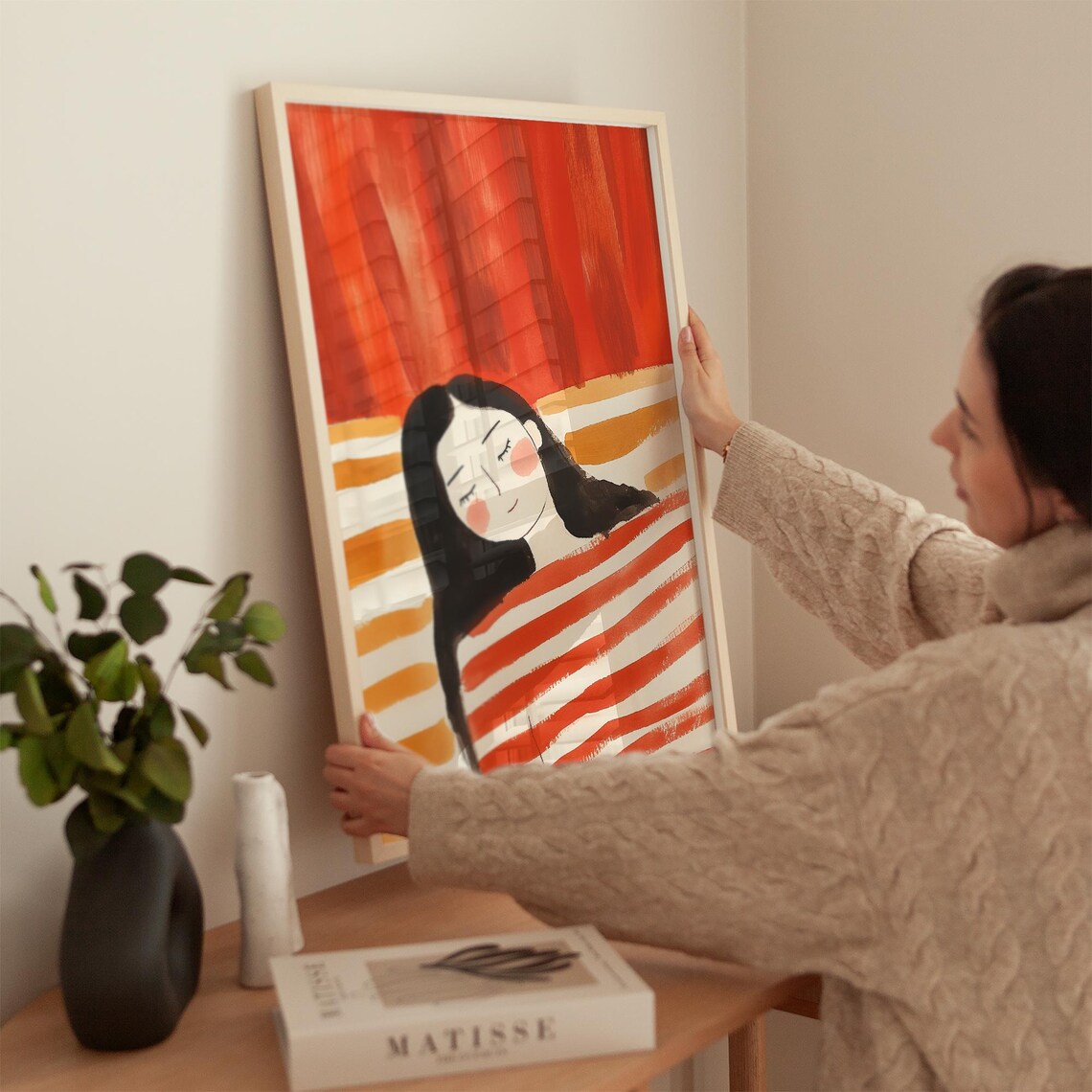 Peaceful Sleeping Woman Wrapped in Red Striped Blanket Art Poster - Image 2
