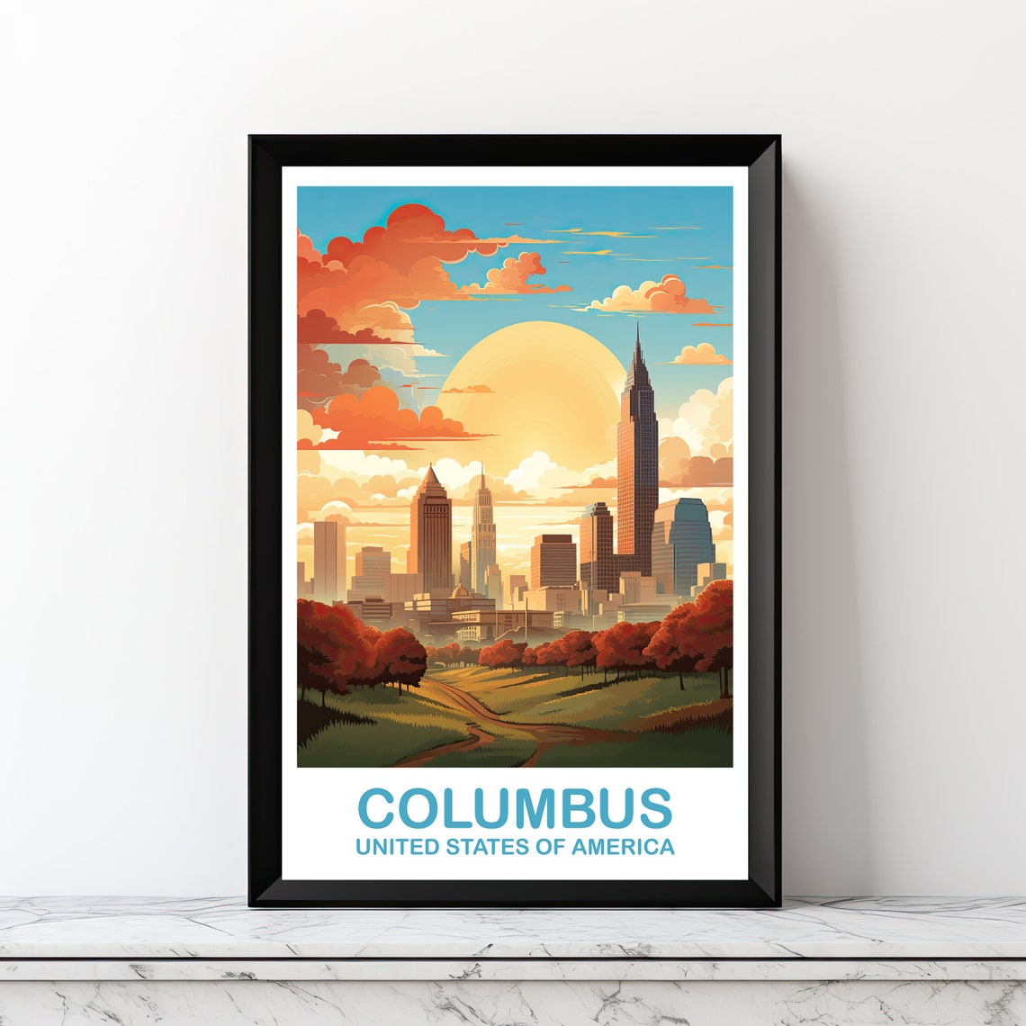 Columbus Ohio City Sunset Skyline Retro Vintage Travel Poster