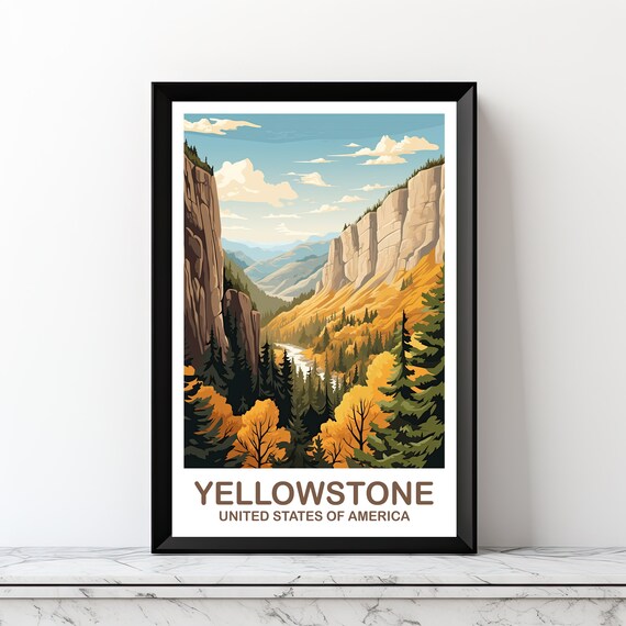 Yellowstone National Park Canyon Waterfall Autumn Forest Art Poster