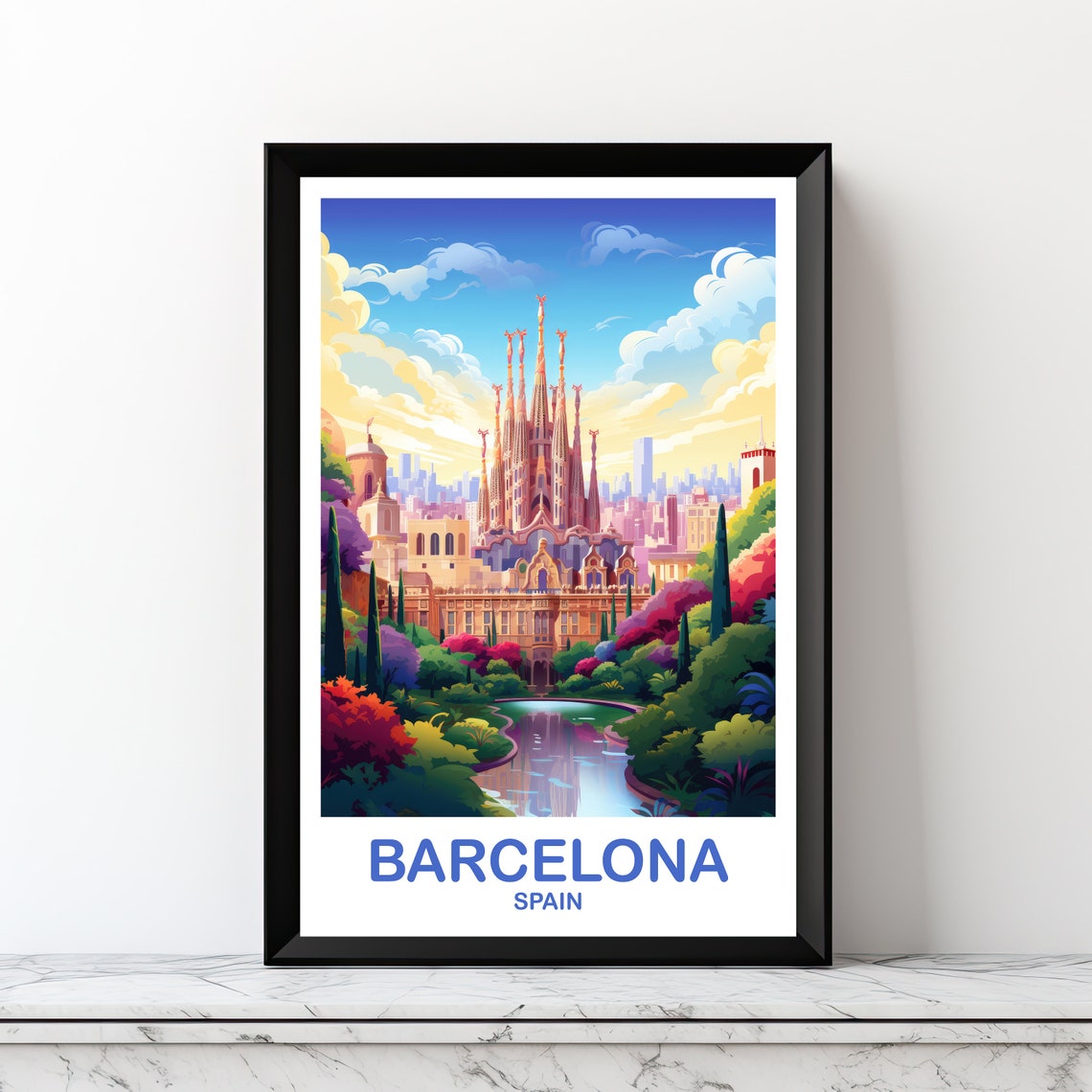 Barcelona Spain Sagrada Familia Garden View Travel Art Poster
