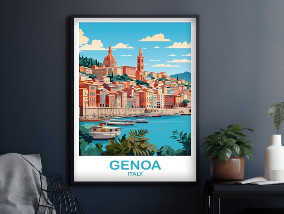 Genoa Italy Coastal City Travel Poster With Colorful Harbor Boats