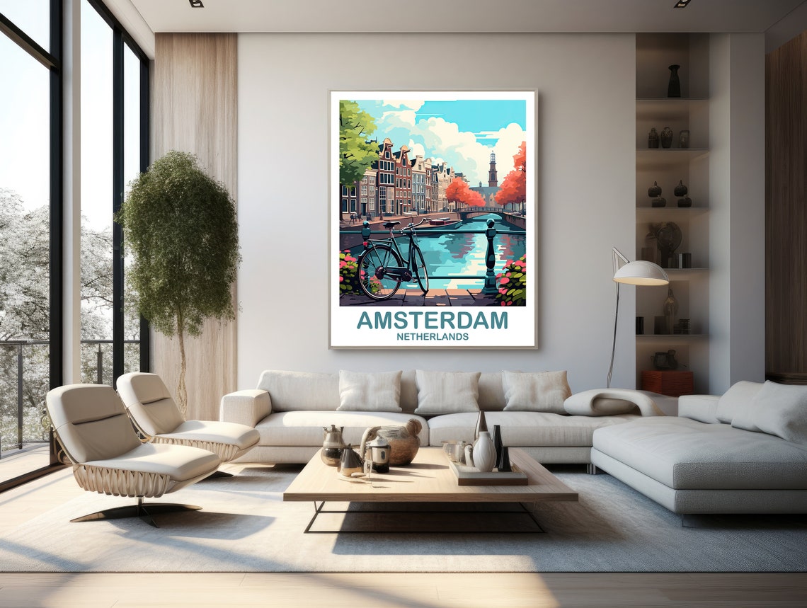 Amsterdam Netherlands Bicycle on Canal Bridge Colorful Travel Poster - Image 3