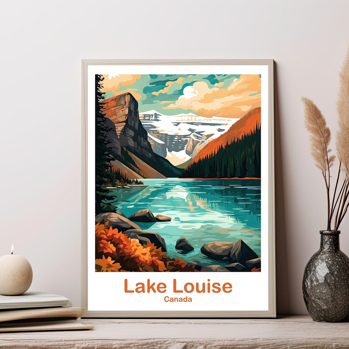 Lake Louise Canada Autumn Glacier Lake Retro Landscape Art Poster