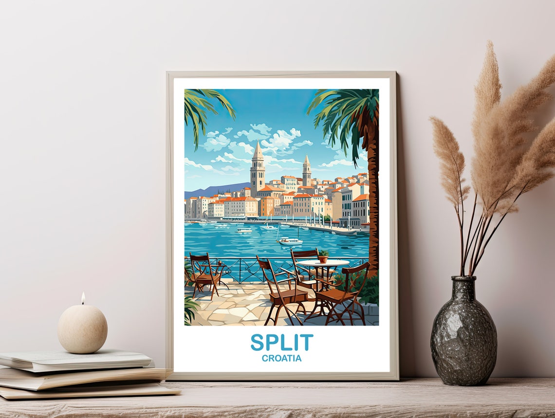 Split Croatia Seaside Terrace Cafe Old Town Palms Travel Art Poster - Image 2