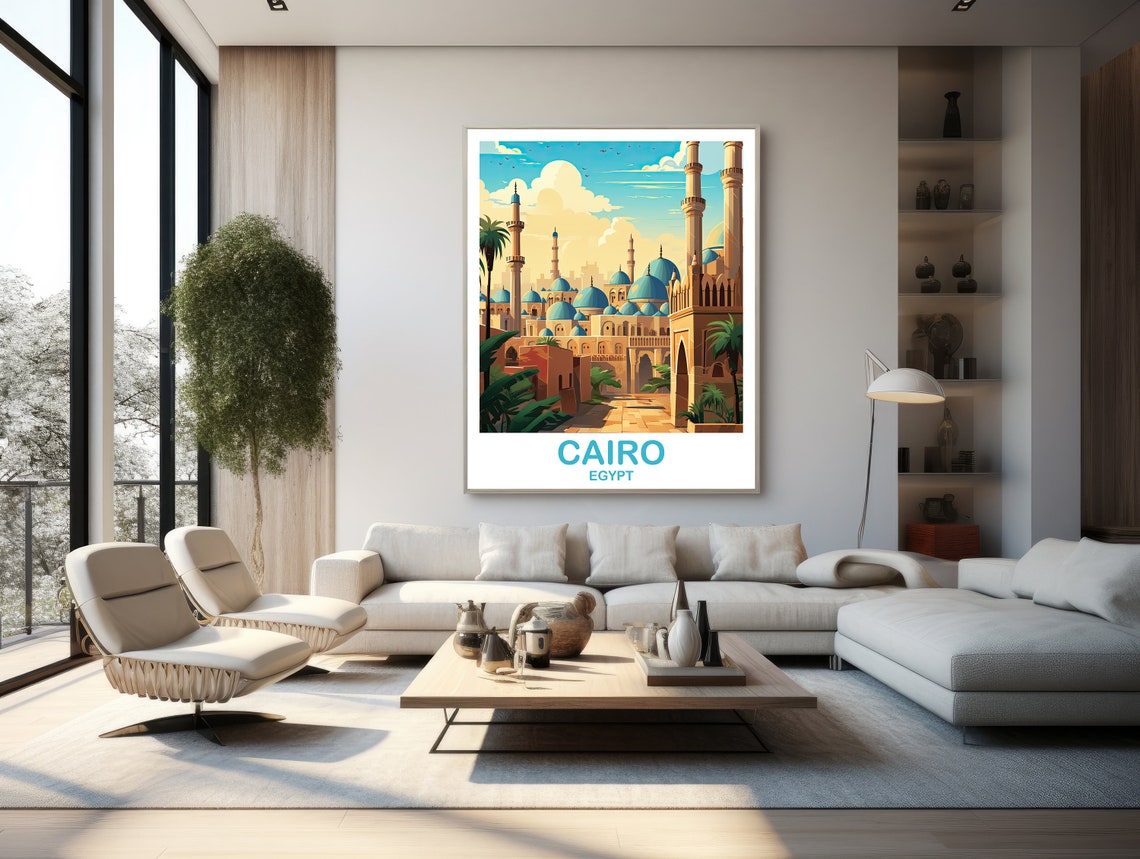 Cairo Egypt Blue Domed Mosques Minarets Palm Vintage Travel Poster - Image 3