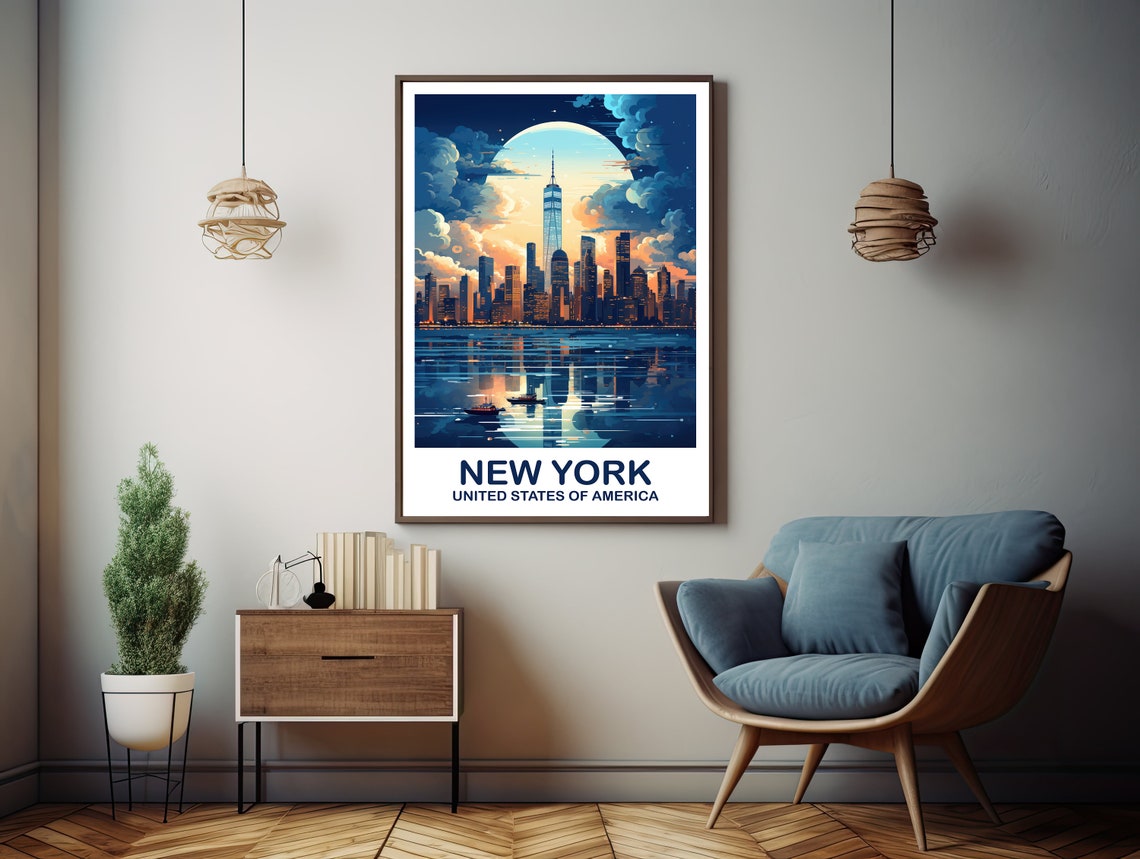 New York City Moonlit Skyline Night Harbor Boats Travel Art Poster - Image 3