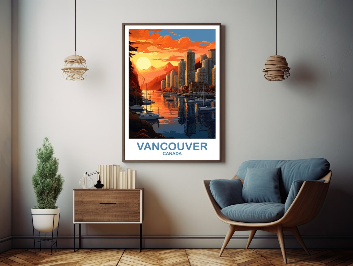 Vancouver Canada Marina Sunset Mountain Harbour Travel Poster - Image 3