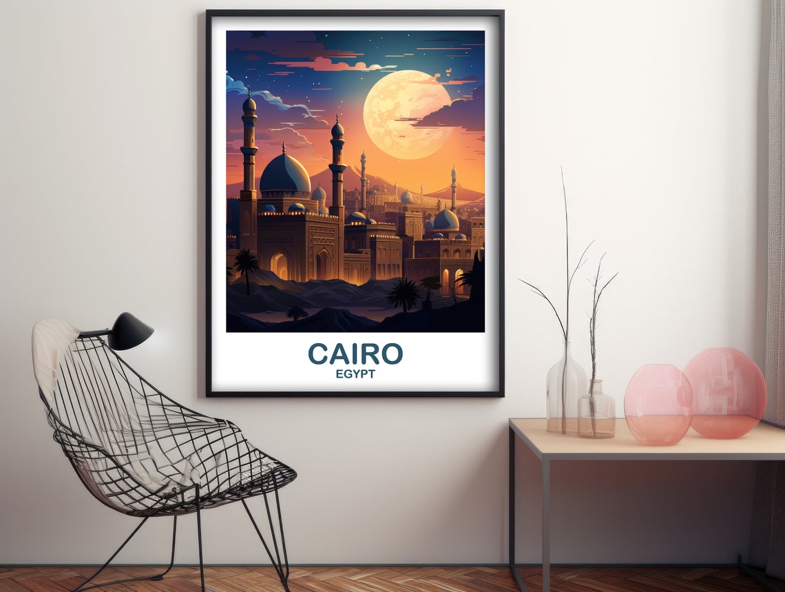 Cairo Egypt Giant Full Moon Night Mosque Skyline Travel Poster - Image 3