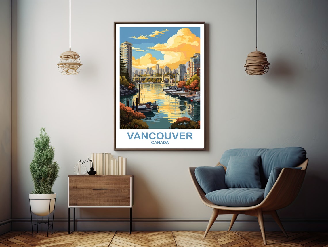 Vancouver Canada Harbor Marina Sailboats Sunset Travel Art Poster - Image 2