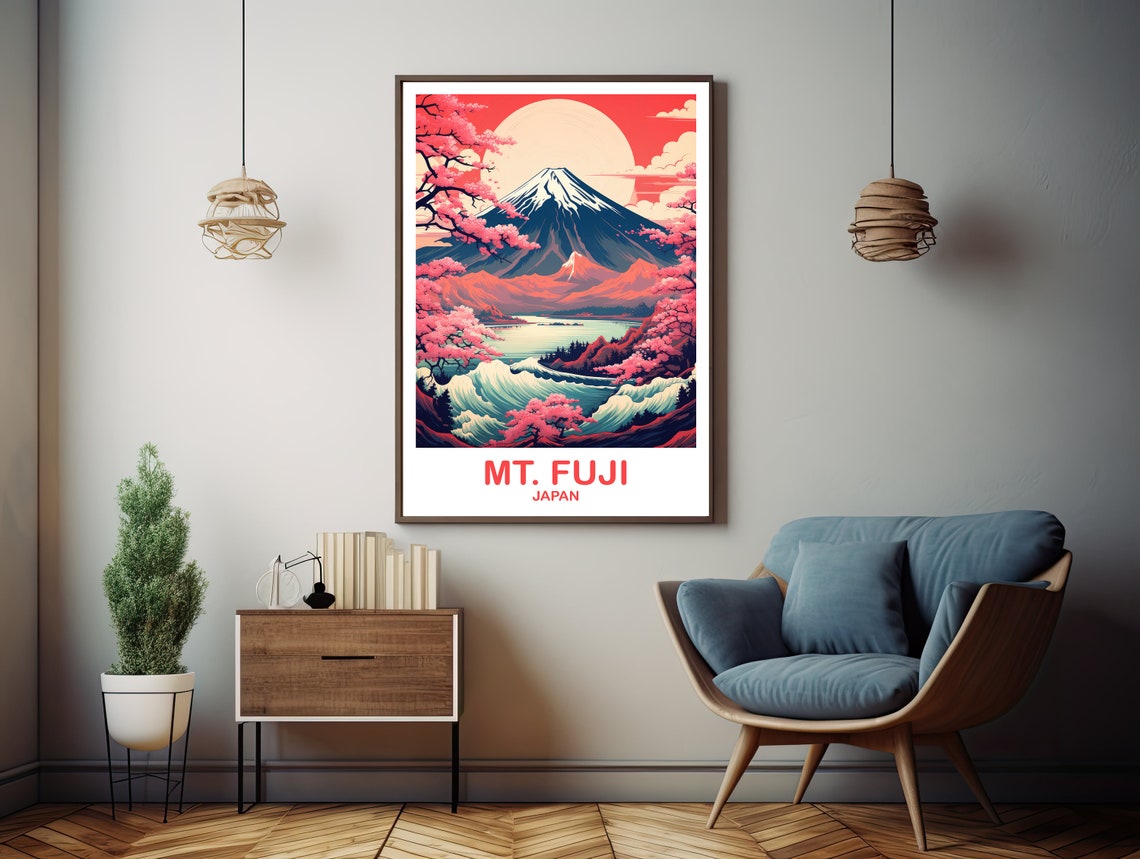 Mount Fuji Giant Red Sun Lake Wave Cherry Blossom Travel Poster - Image 3