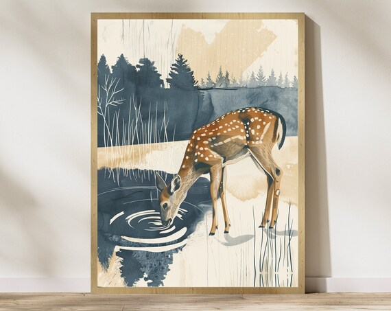 Spotted Fawn Drinking at a Still Pond Watercolor Nursery Poster