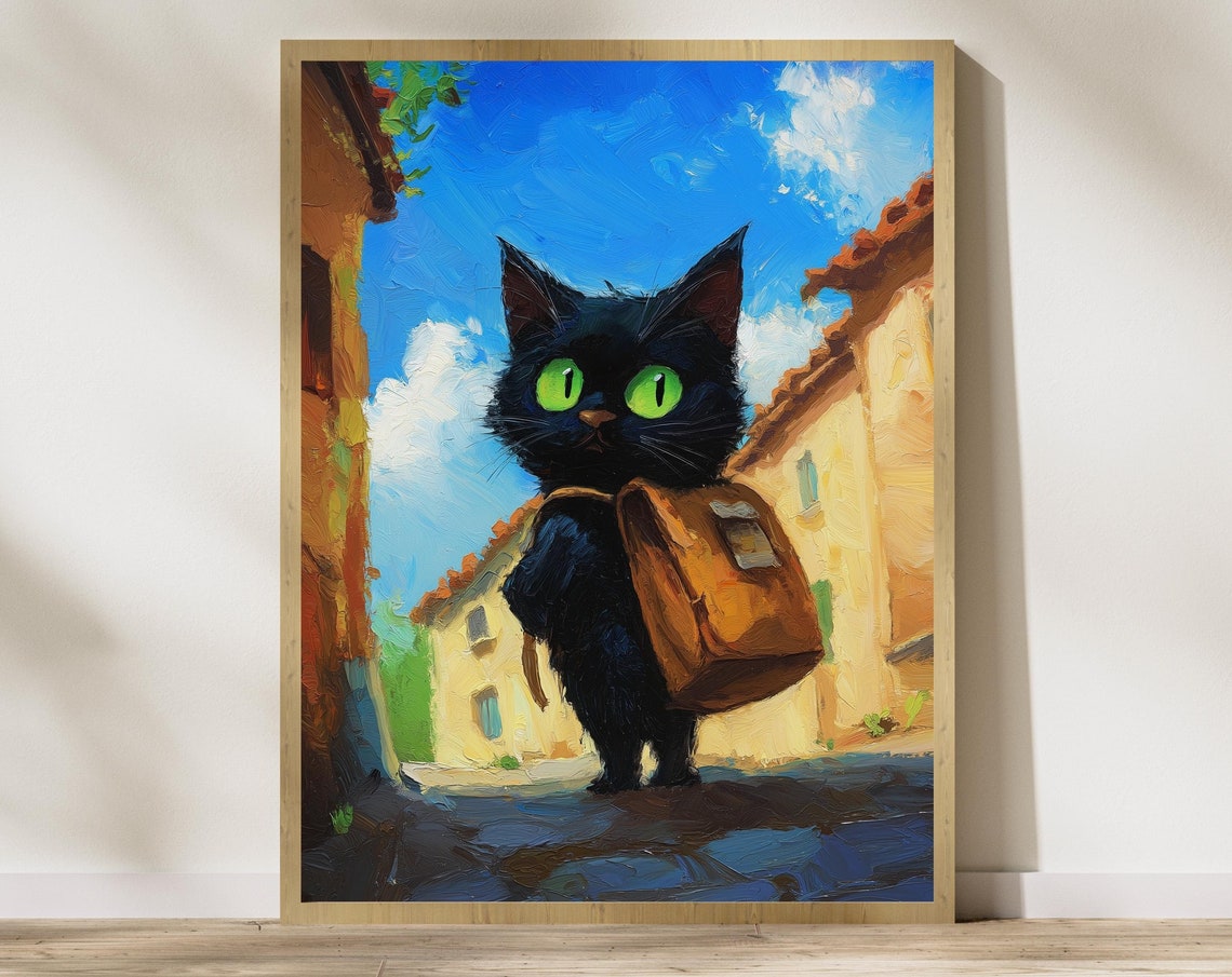 Black Cat With A School Backpack Walking Down A Sunny Street Poster