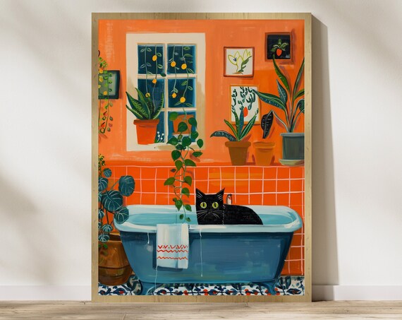 Black Cat in a Blue Bathtub Surrounded by Plants and Orange Tile Poster