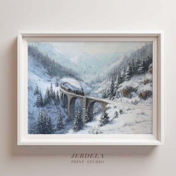 Dramatic Snowy Mountain Train Print Vintage Locomotive Crossing Viaduct Art