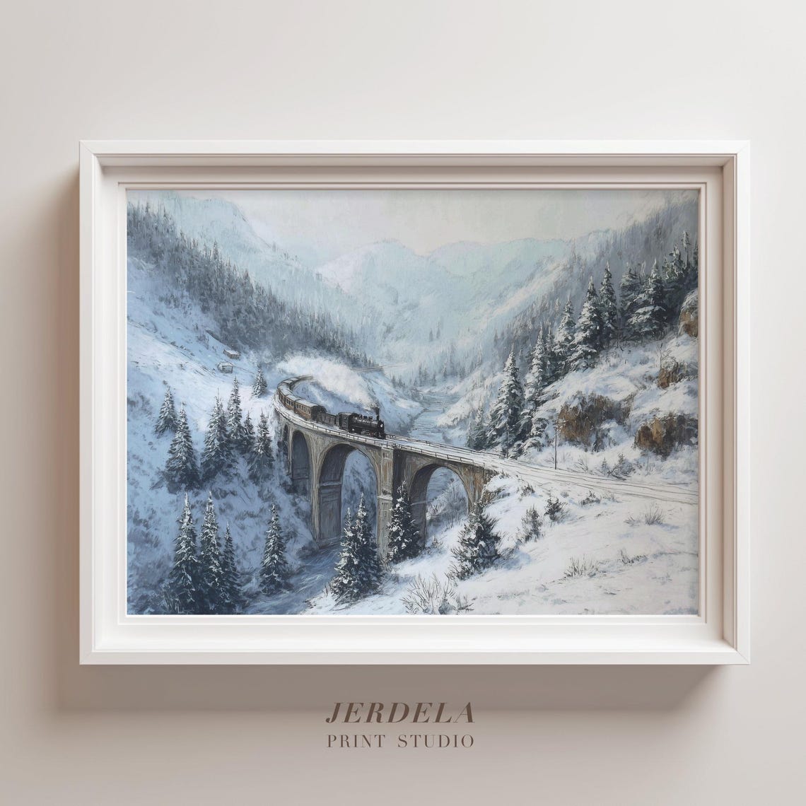 Dramatic Snowy Mountain Train Vintage Locomotive Winter Art Poster