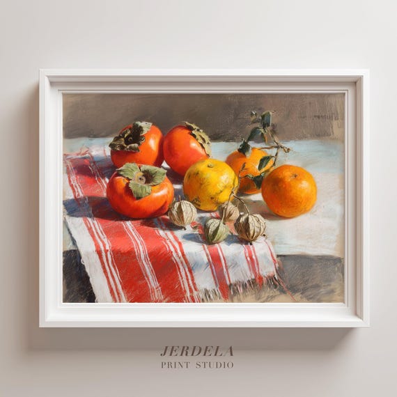 Vibrant Persimmon Still Life Print Dry Pastel Citrus Kitchen Art Foodie Gift