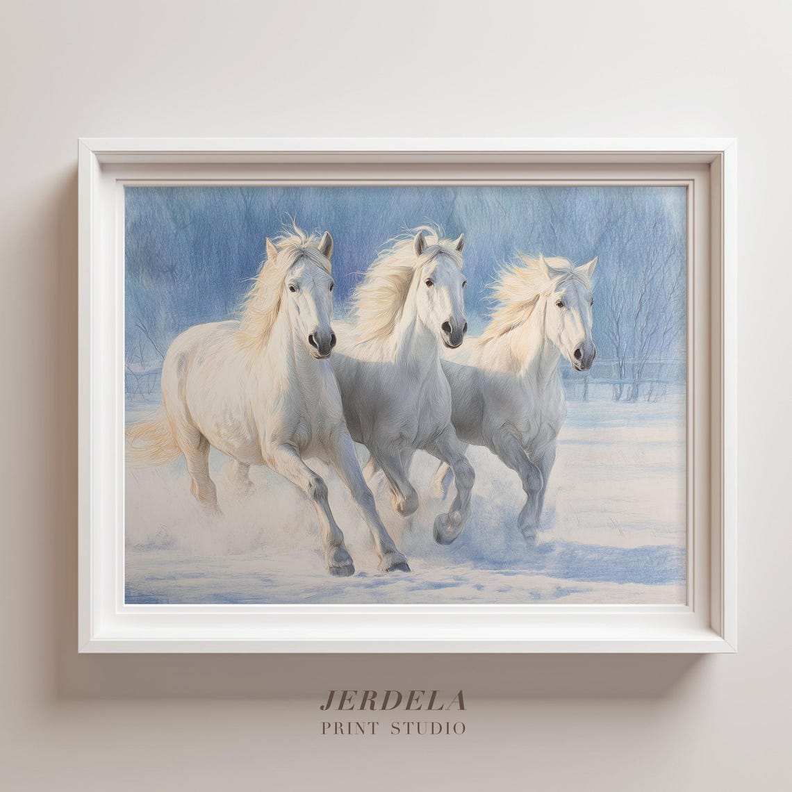 Three White Horses Running In Snow Wild Winter Gallop Art Poster