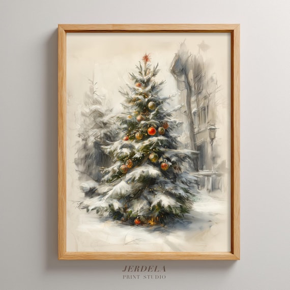 Elegant Snowy Christmas Tree Sketch Print with Pastel Winter Street Scene