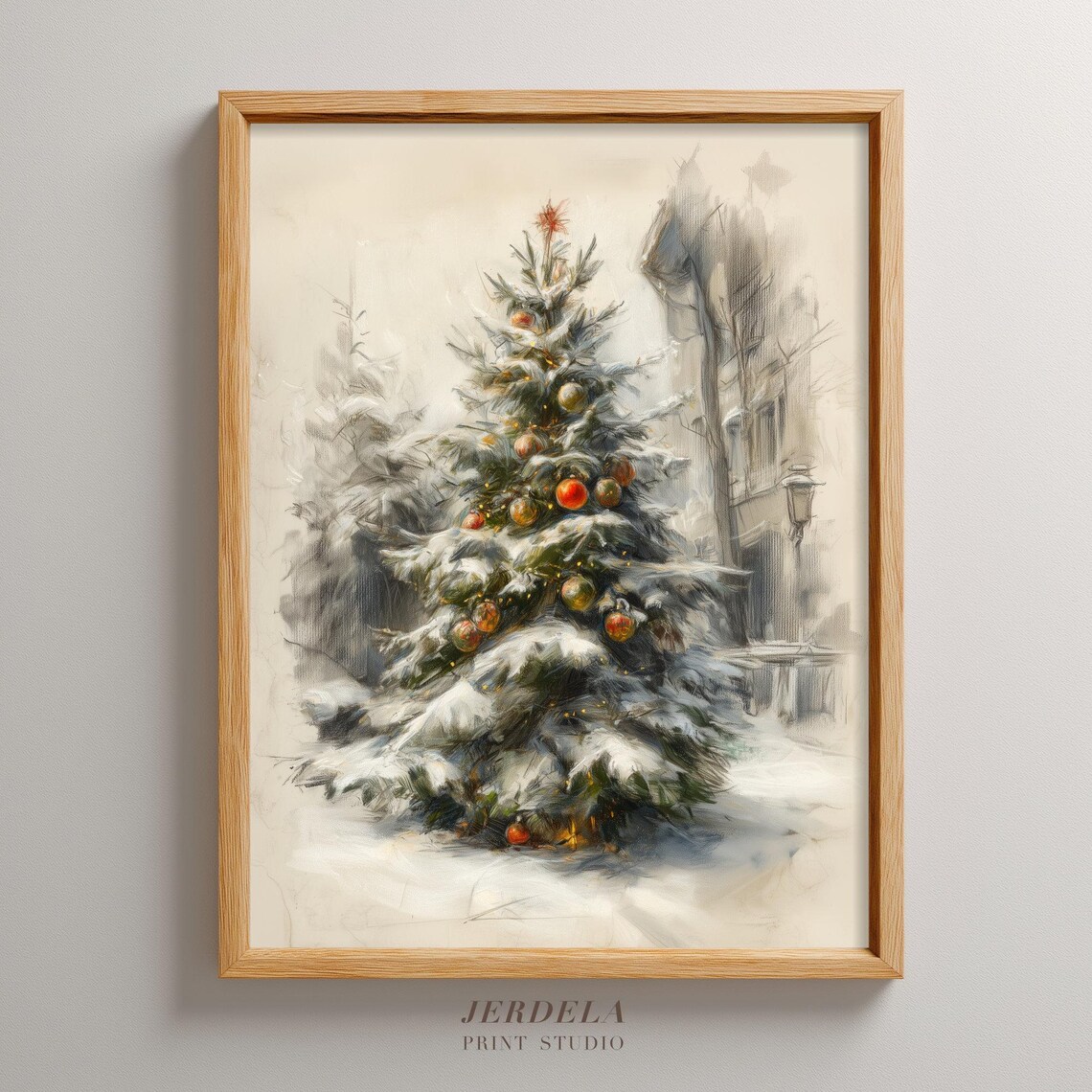 Elegant Snowy Christmas Tree Sketch Print with Pastel Winter Street Scene