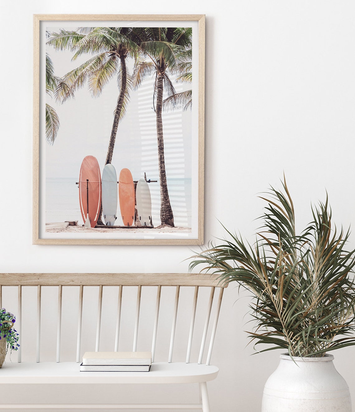Pastel Surfboards Leaning On Palm Tree Tropical Beach Surf Poster - Image 3