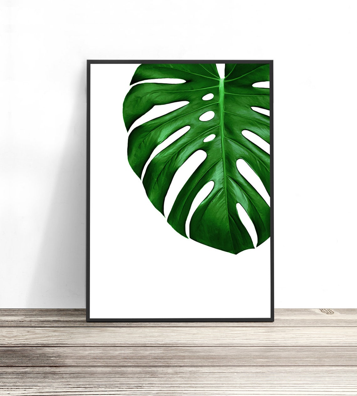 Monstera Leaf Green Tropical Botanical Close Up Minimal White Print